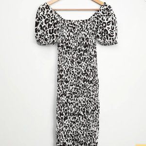 White Leopard Print Smocked Midi Dress